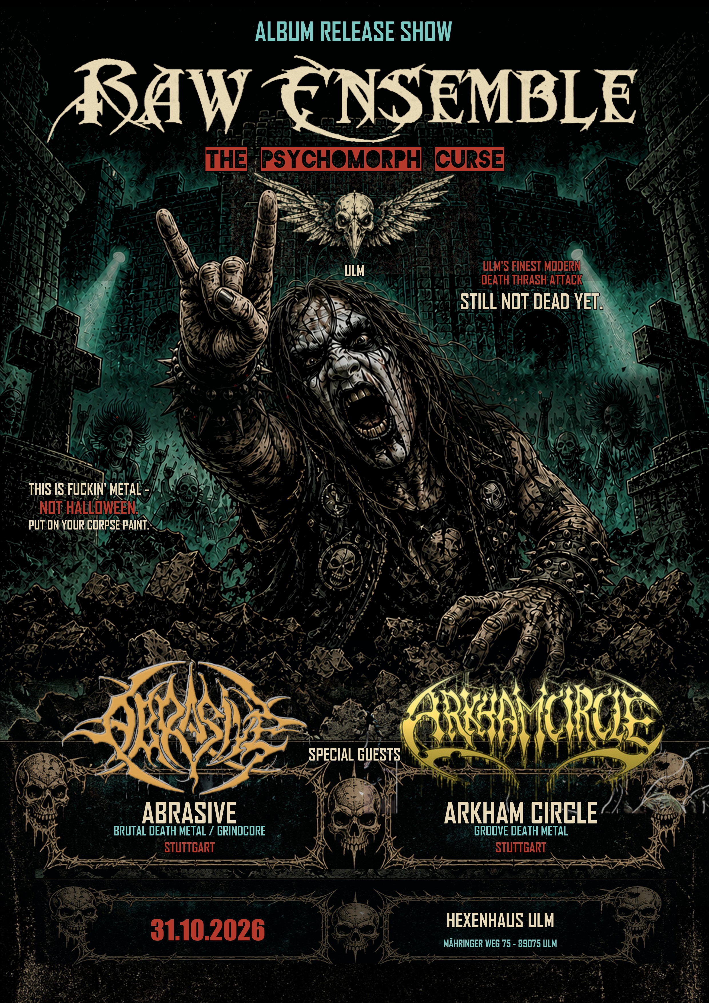 RAW ENSEMBLE album release show poster: 31 October 2026 at Hexenhaus Ulm with Abrasive and Arkham Circle